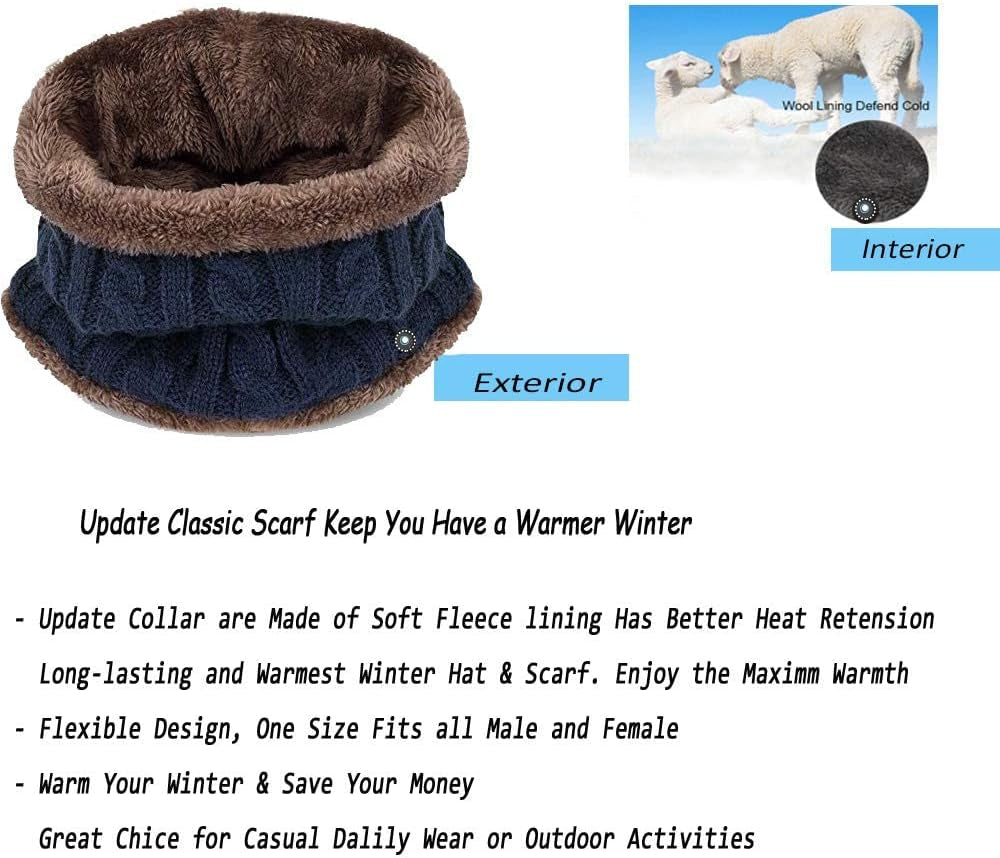 2Pieces Mens Winter Beanie Hat Fleece Lined Scarf Set Knit Warm Thick Skull Cap Neck Warmer for Men & Women