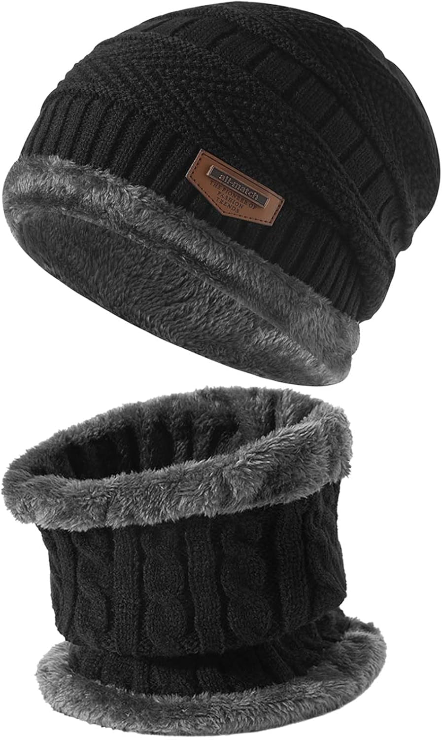 2Pieces Mens Winter Beanie Hat Fleece Lined Scarf Set Knit Warm Thick Skull Cap Neck Warmer for Men & Women