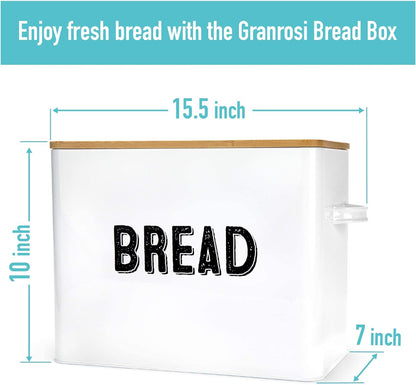 Granrosi Large White Bread Box for Kitchen Countertop, Bread Storage Container, Breadbox, Bread Container, Bread Boxes, Bread Keeper, Bread Holder - Farmhouse Bread Box with Bamboo Wooden Lid - White