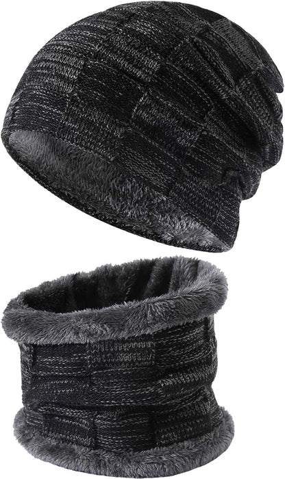 2Pieces Mens Winter Beanie Hat Fleece Lined Scarf Set Knit Warm Thick Skull Cap Neck Warmer for Men & Women